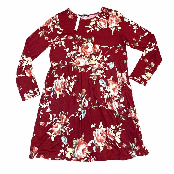 Floral Long Sleeve Pleated Round Neck Midi Dress L - Picture 2 of 7